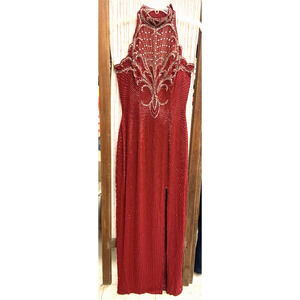 Alyce Design Radiant Red Beaded Halter Dress, hei8077